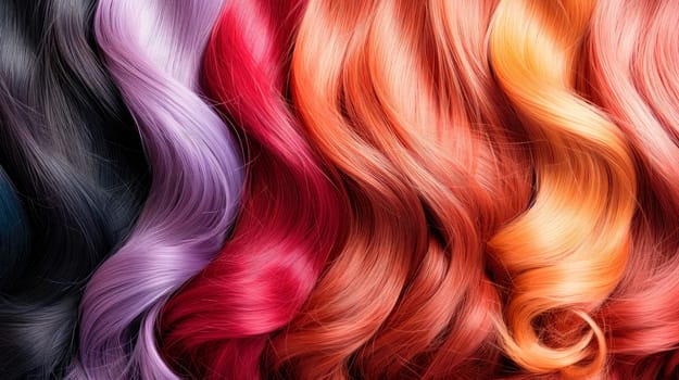 Shiny hair extensions of natural hair different colours, vertical. Hair Colors Palette. Hair Texture. AI generated