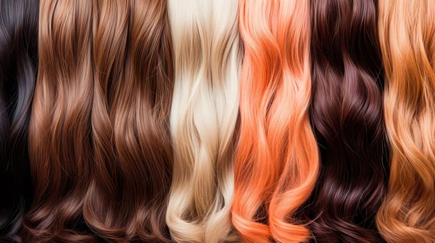 Shiny hair extensions of natural hair different colours. Shiny texture luxurious hair. AI generated