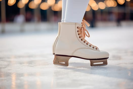 Close up view legs of ice skater at an outdoor rink with retro skates. White figure skates on winter ice rink with blurry background. AI generated