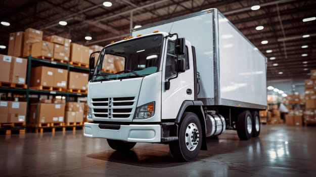 White truck in the warehouse with boxes. Inside of logistics warehouse, delivery truck loading with cardboard boxes. Truck Delivering Online Orders, Purchases, E-Commerce Goods, Wholesale Merchandise.AI generated