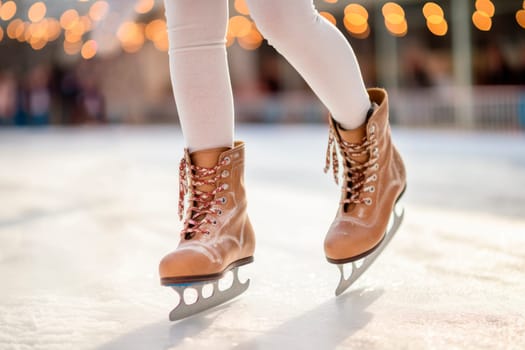 Close up view legs of ice skater at an outdoor rink with retro skates. Brown figure skates on winter ice rink with blurry background. AI generated