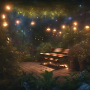 Bench in a garden with fairy lights in the evening. Hedges and bushes surround the bench. Romantic evening scene. AI generated image