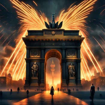 New Year's Eve at the Brandenburg Gate. New Year's fireworks in the sky over Berlin. AI generated image