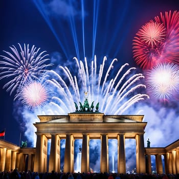 New Year's Eve at the Brandenburg Gate. New Year's fireworks in the sky over Berlin. AI generated image