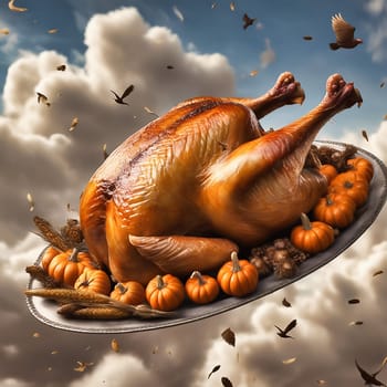 Roast turkey on a plate with a side dish for Thanksgiving. Traditional Thanksgiving feast. AI generated image
