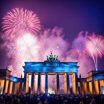 New Year's Eve at the Brandenburg Gate. New Year's fireworks in the sky over Berlin. AI generated image