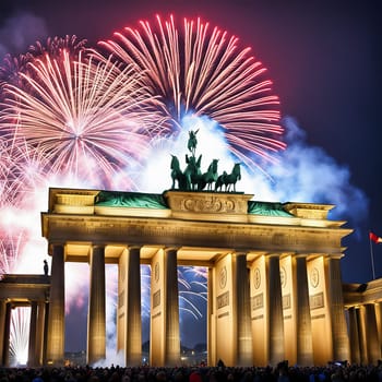 New Year's Eve at the Brandenburg Gate. New Year's fireworks in the sky over Berlin. AI generated image