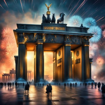 New Year's Eve at the Brandenburg Gate. New Year's fireworks in the sky over Berlin. AI generated image