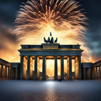 New Year's Eve at the Brandenburg Gate. New Year's fireworks in the sky over Berlin. AI generated image
