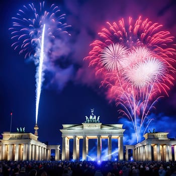 New Year's Eve at the Brandenburg Gate. New Year's fireworks in the sky over Berlin. AI generated image