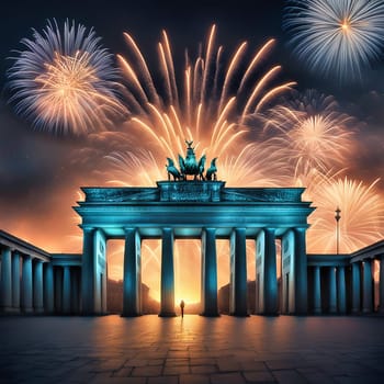 New Year's Eve at the Brandenburg Gate. New Year's fireworks in the sky over Berlin. AI generated image