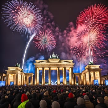 New Year's Eve at the Brandenburg Gate. New Year's fireworks in the sky over Berlin. AI generated image
