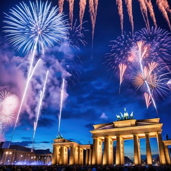 New Year's Eve at the Brandenburg Gate. New Year's fireworks in the sky over Berlin. AI generated image