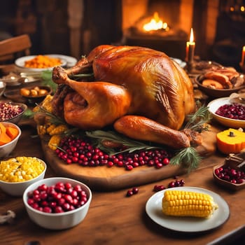 Thanksgiving feast. Turkey with vegetable side dishes on a festive table. Traditional family feast. AI generated image