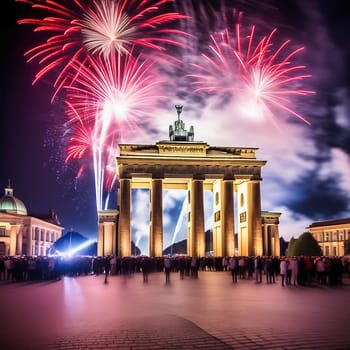 New Year's Eve at the Brandenburg Gate. New Year's fireworks in the sky over Berlin. AI generated image