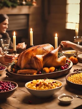 Thanksgiving family feast with people around the table. Turkey with vegetable side dishes on a festive table. Traditional family feast. AI generated image