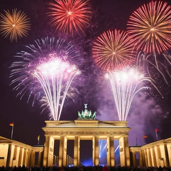 New Year's Eve at the Brandenburg Gate. New Year's fireworks in the sky over Berlin. AI generated image