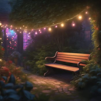Bench in a garden with fairy lights in the evening. Hedges and bushes surround the bench. Romantic evening scene. AI generated image