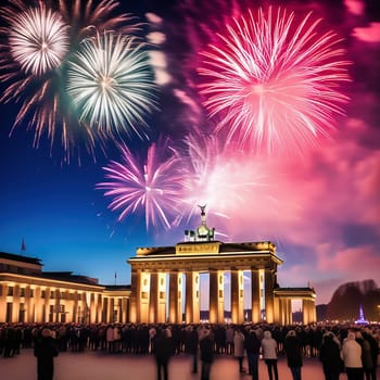 New Year's Eve at the Brandenburg Gate. New Year's fireworks in the sky over Berlin. AI generated image