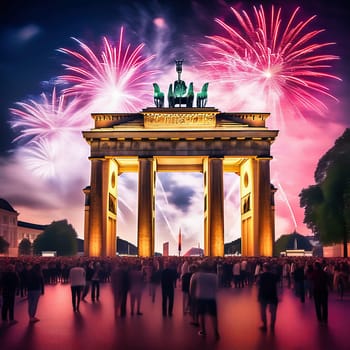 New Year's Eve at the Brandenburg Gate. New Year's fireworks in the sky over Berlin. AI generated image