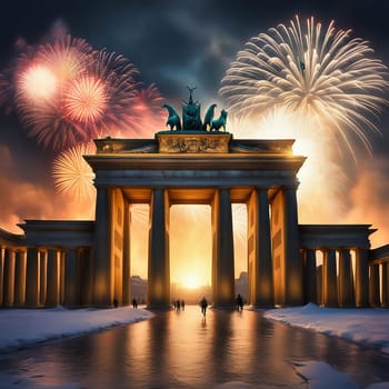 New Year's Eve at the Brandenburg Gate. New Year's fireworks in the sky over Berlin. AI generated image