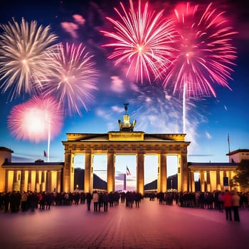 New Year's Eve at the Brandenburg Gate. New Year's fireworks in the sky over Berlin. AI generated image