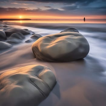 Stone beach by the sea at sunset. Stones in the foreground. Long exposure, smooth ocean. AI generated image