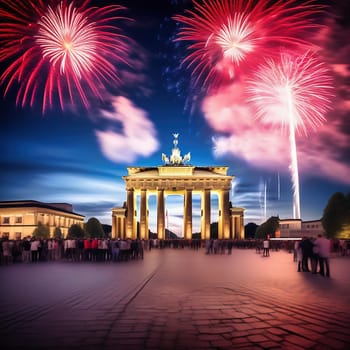 New Year's Eve at the Brandenburg Gate. New Year's fireworks in the sky over Berlin. AI generated image