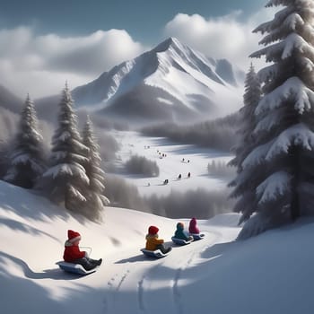Sledging in the snow. Snow-covered trees, snow-covered mountains. Wooden sledges, skiing, winter vacation. AI generated image. Landscape from the wintry mountains