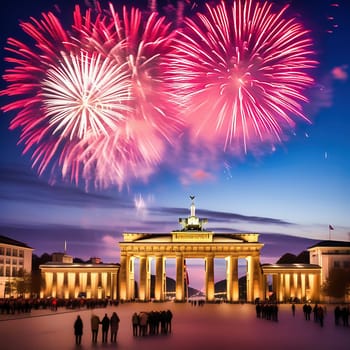 New Year's Eve at the Brandenburg Gate. New Year's fireworks in the sky over Berlin. AI generated image