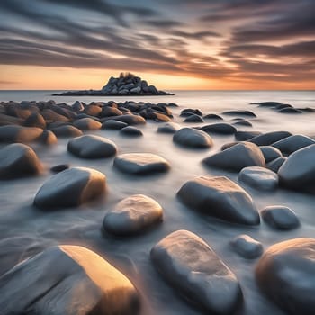 Stone beach by the sea at sunset. Stones in the foreground. Long exposure, smooth ocean. AI generated image