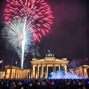 New Year's Eve at the Brandenburg Gate. New Year's fireworks in the sky over Berlin. AI generated image