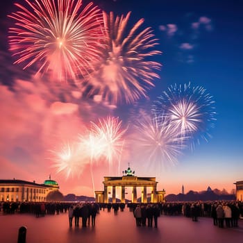 New Year's Eve at the Brandenburg Gate. New Year's fireworks in the sky over Berlin. AI generated image