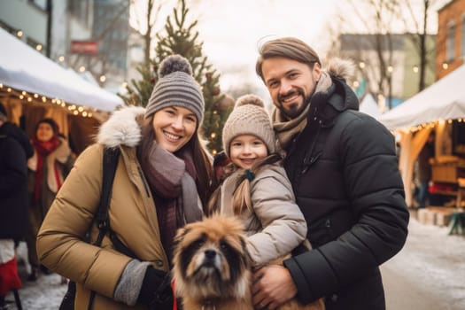 Cheerful full family while shopping outdoors on a Christmas market. The family is enjoying the festive atmosphere, exploring Christmas souvenir shops, and selecting presents for the winter holidays. People are having fun, adorned in warm seasonal outfits
