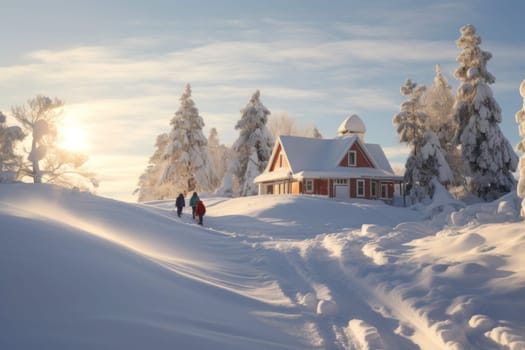 Children are playing in the snow, having fun and enjoying their winter holiday. The positive kids play in the snowy winter, creating a cheerful winter scene. The landscape, including houses and trees, is adorned with a beautiful blanket of snow, adding to the wintertime magic of their winter vacation