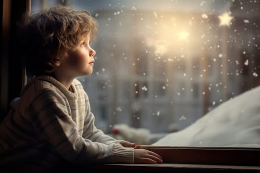 Christmas time. Boy sitting by window waiting for first snow. Child looking at Christmas star on night sky. Christmas Eve. The Star of Bethlehem. Waiting for Santa Claus. Christmas holiday. Silent night. Winter holiday