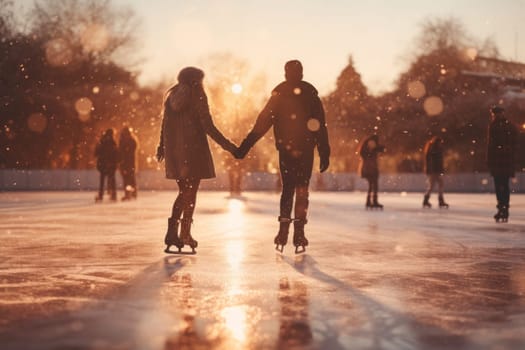 Couple of skaters skating on ice on open rink. Having fun on winter holiday. Skaters enjoying winter holiday and ice skating. Sport and leisure on snow and ice. Snowy day. Wintertime. Winter activity