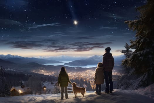 Christmas time. Family looking at Christmas star on night sky. Christmas Eve. The Star of Bethlehem. Waiting for Santa Claus. Christmas holiday. Silent night. Winter holiday