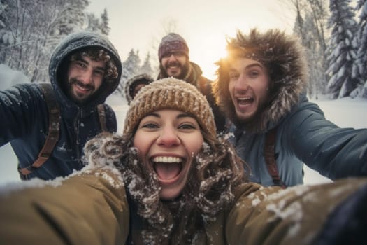 Excited children are joyfully playing in the snow, laughing and having fun. They engage in a friendly snowball fight with friends, taking selfie and creating cherished memories on their winter holiday. Positive and laughing, enjoying a snowy winter day
