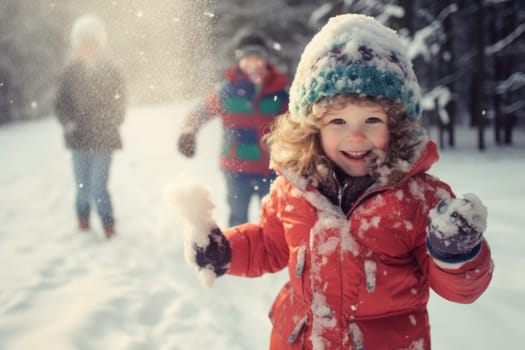 Excited children are joyfully playing in the snow, laughing and having fun. They engage in a friendly snowball fight with friends, creating cherished memories on their winter holiday. Positive and laughing, kids are thoroughly enjoying a snowy winter day