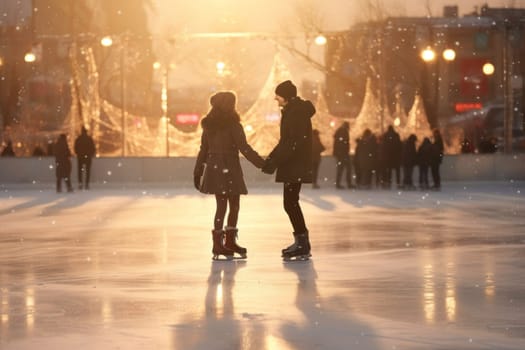 People are joyfully skating on the open rink, having fun on their winter holiday. Skaters are enjoying the winter holiday, reveling in the sport and leisure of ice skating. The snowy day adds to the wintertime charm of this winter activity on snow and ice