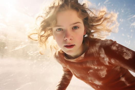Girl enjoying play in the snow and ice rink and having fun with friends outdoors. Winter holiday. Positive teenagers enjoying snowy winter day. Wintertime