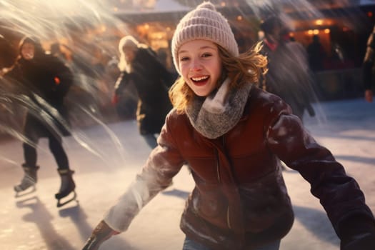 Happy teenage girl skating on ice on open ice rink. Having fun on winter holiday. Skater enjoying ice skating. Sport and leisure on snow and ice. Snowy day. Wintertime. Winter activity