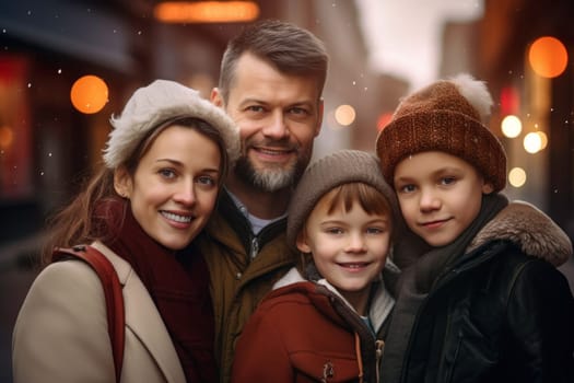 Portrait of happy and cheerful full family standing outdoor while shopping on Christmas market. Family at Christmas shopping. Christmas souvenir shops, shopping presents, winter holidays. People having fun, wearing warm seasonal outfit