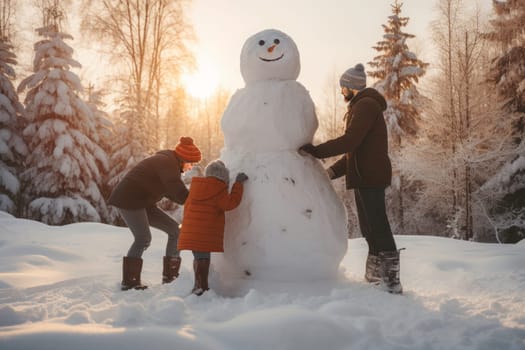 Children are building a snowman near the house, enjoying the snowy winter. It's a happy wintertime scene with a family making a smiling snowman in front of the house on a winter day. Playing with snow