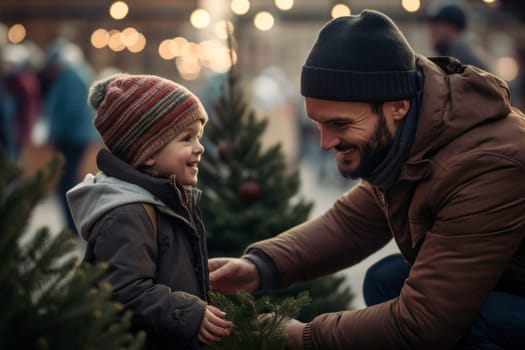 Father and his son are busy buying a Christmas tree and gifts at the festive Christmas marketplace. The marketplace is adorned with souvenirs and lights, creating a joyful atmosphere for shopping presents during the winter holidays. Shopping on Christmas marketplace. Winter holidays