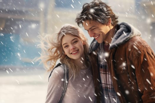 Excited couple enjoying play in the snow, laughing and having fun. Friends enjoying snowball fight. Winter holiday. Positive laughing teenagers enjoying snowy winter day on holidays. Wintertime