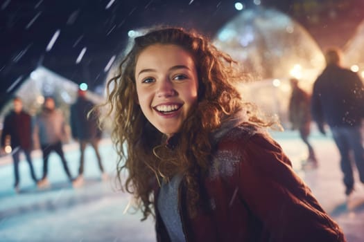 Portrait of happy teenage girl skating on ice on open rink. Having fun on winter holiday. Skaters enjoying winter holiday and ice skating. Sport and leisure on snow and ice. Snowy day. Wintertime. Winter activity