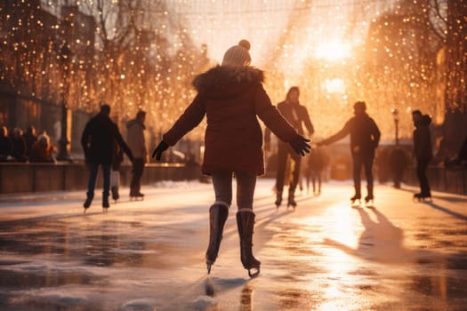 Young woman skating on ice on open rink with friends. Having fun on winter holiday. Skaters enjoying winter holiday and ice skating. Sport and leisure on snow and ice. Snowy day. Wintertime. Winter activity