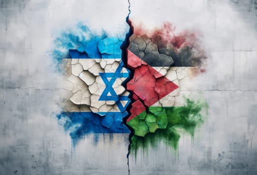 Artistic rendering of Israeli and Palestinian flags on a fractured wall, symbolizing conflict